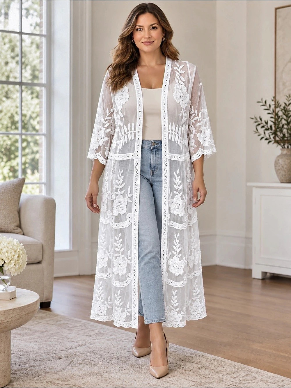 Rachel Zoe White Lace Duster Kimono Cardigan